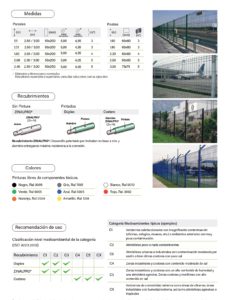 Ficha técnica de especificaciones y recubrimientos ZINALPRO para cierre perimetral Cercas Pro