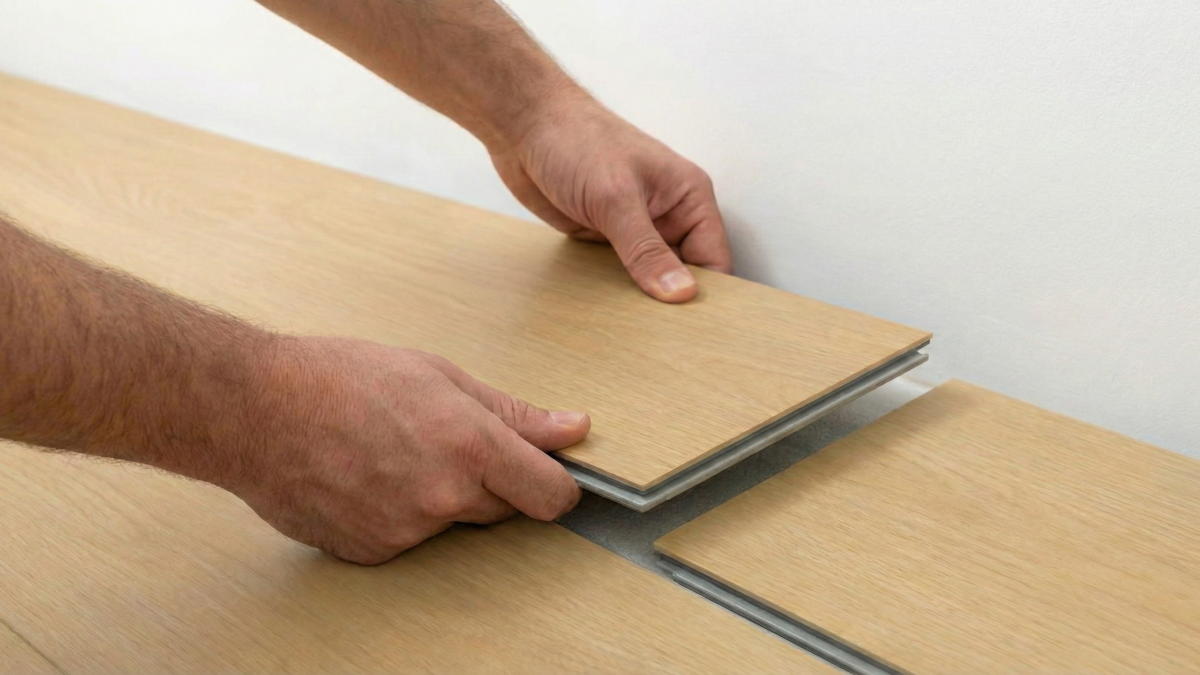 Instalador encastrando tablas de piso SPC vinílico con sistema click