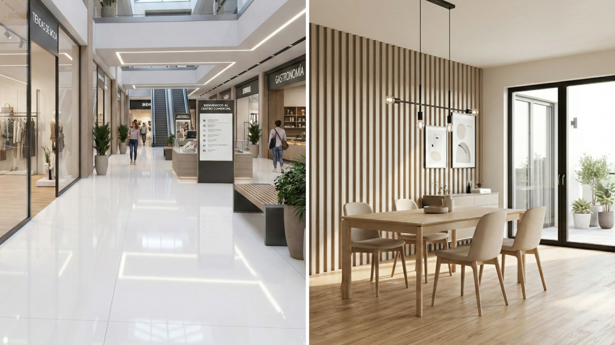 Comparativa de revestimientos Belhauz: piso porcelanato para alto tráfico y muro con revestimiento wall panel en comedor