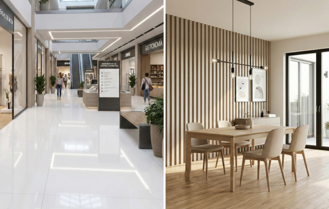 Comparativa de revestimientos Belhauz: piso porcelanato para alto tráfico y muro con revestimiento wall panel en comedor