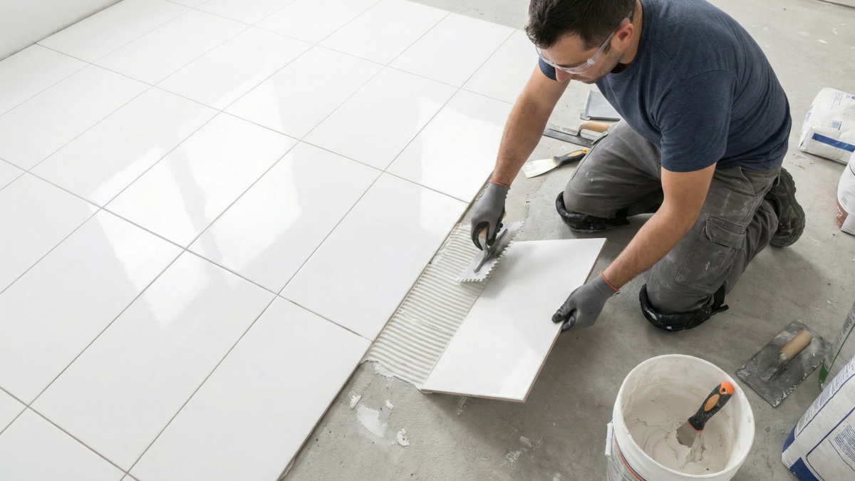 Instalador aplicando adhesivo con llana para la colocación de piso cerámico blanco