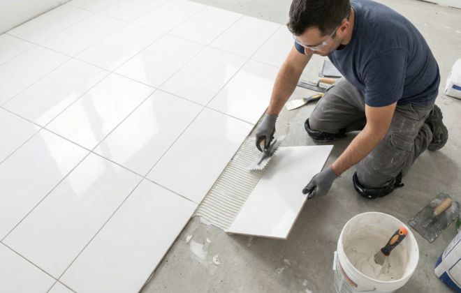 Instalador aplicando adhesivo con llana para la colocación de piso cerámico blanco