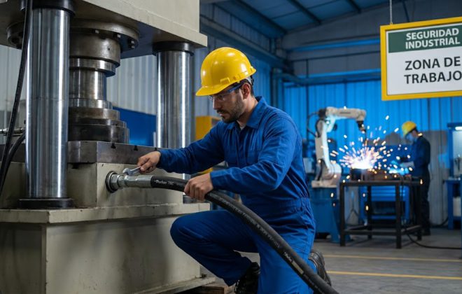 Técnico industrial realizando el montaje y conexión de una manguera hidráulica de alta presión en una planta productiva