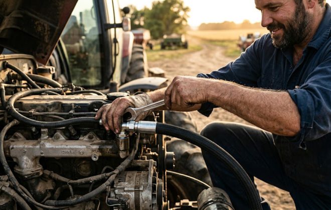 Mecánico ajustando la conexión de un flexible hidráulico en el motor de un tractor agrícola