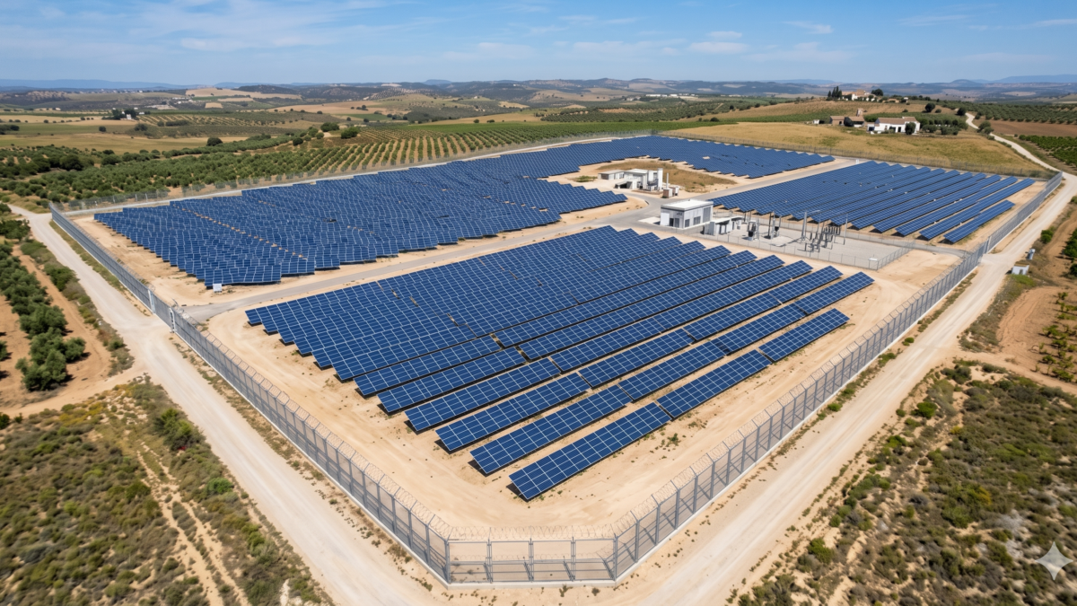 Malla cierre perimetral modular instalada en el perímetro de una planta fotovoltaica y parque solar industrial