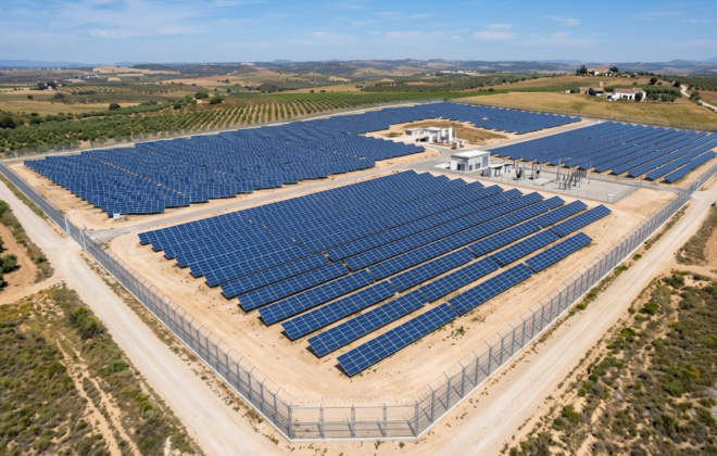 Malla cierre perimetral modular instalada en el perímetro de una planta fotovoltaica y parque solar industrial