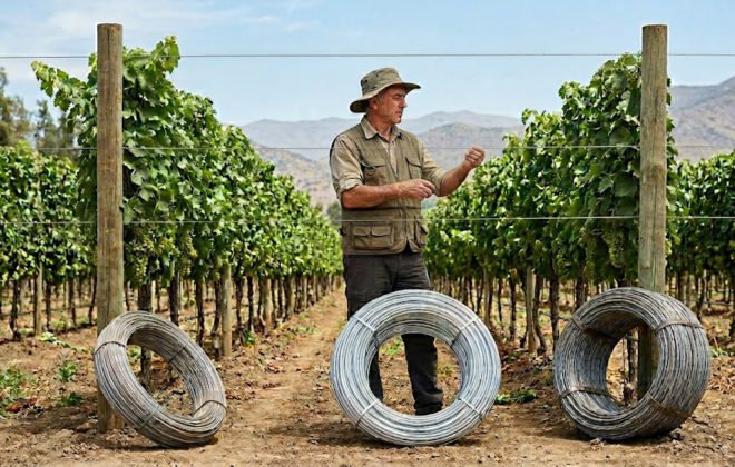 Productor revisando la instalación de alambre de alta resistencia en espalderas de viñedo agrícola