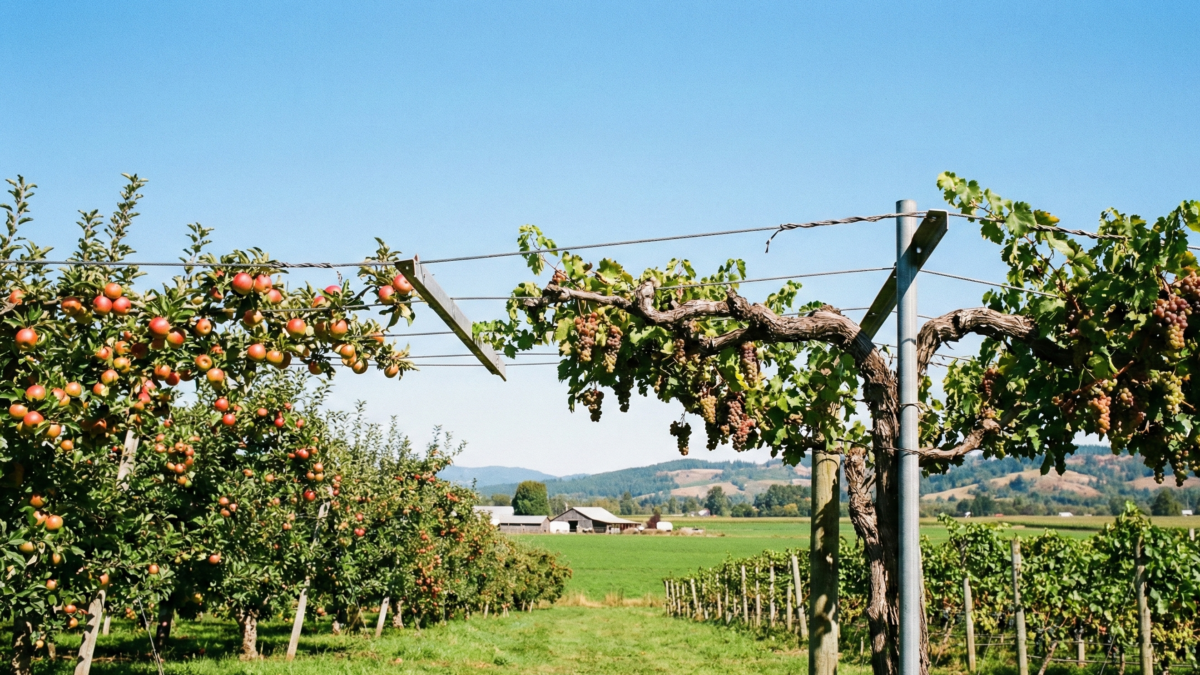 Sistema de conducción agrícola con alambre de alta resistencia tensado sosteniendo huerto de frutales y viñedo