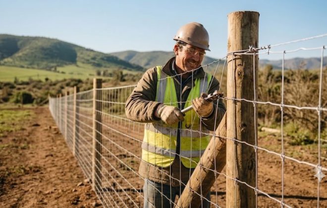 Instalador fijando una malla cerca Ursus galvanizada en postes de madera para un cierro perimetral agrícola