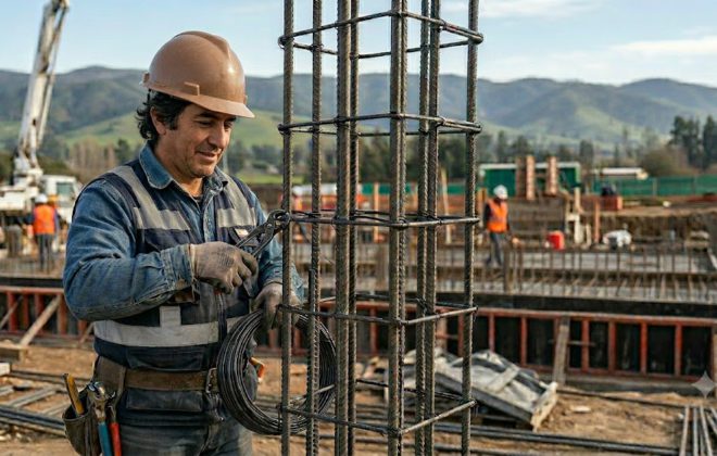 Operario con casco realizando amarras de enfierradura para pilares con alambre recocido en una obra de construcción