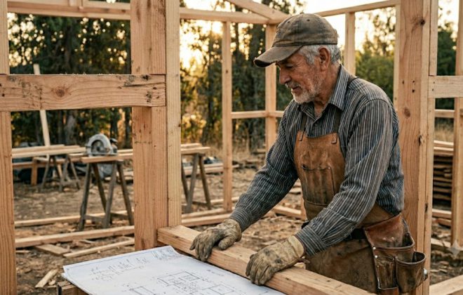 Carpintero revisando planos técnicos para la construcción de una estructura de tabiquería de madera