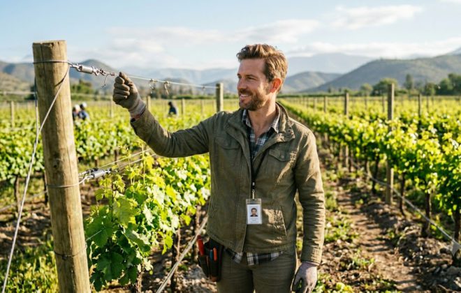 Asesor técnico revisando el tensado de alambre para viñas en un sistema de conducción de espalderas agrícolas