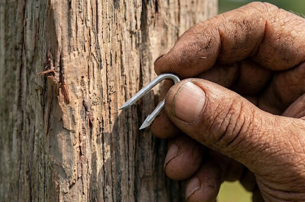 Mano de instalador posicionando una grapa para cerco en forma diagonal a la veta de un poste de madera