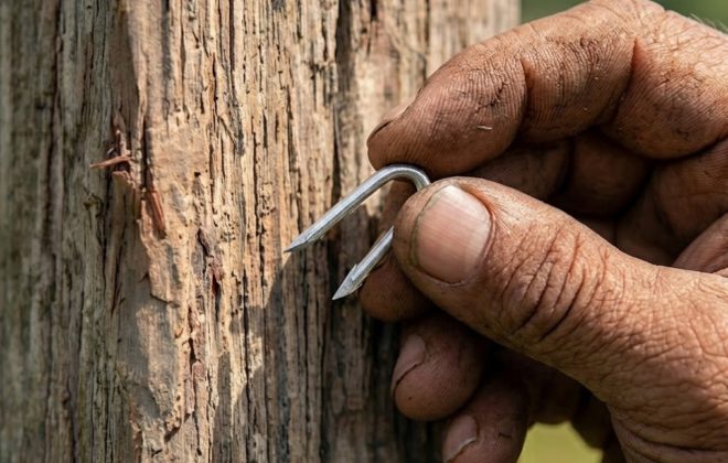 Mano de instalador posicionando una grapa para cerco en forma diagonal a la veta de un poste de madera