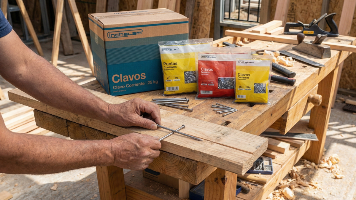 Formatos de clavos corrientes y puntas Inchalam en un banco de trabajo para carpintería y materiales de construcción
