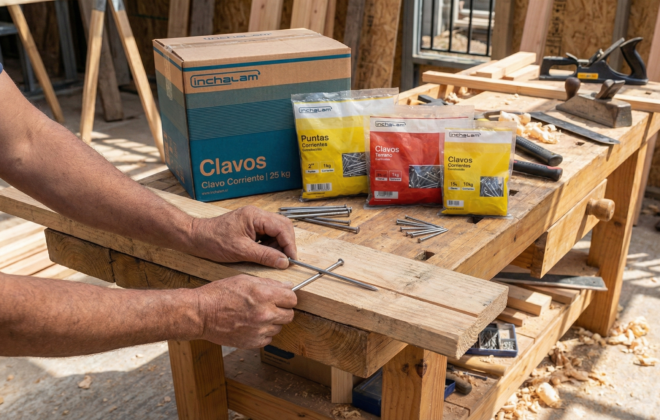Formatos de clavos corrientes y puntas Inchalam en un banco de trabajo para carpintería y materiales de construcción