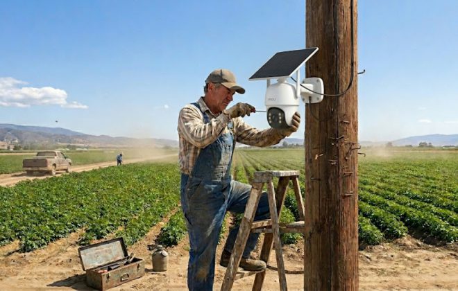Instalador montando una cámara exterior sin cables con panel solar integrado en un poste de madera en medio de un terreno agrícola