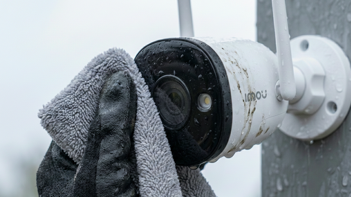 Limpieza del lente de una cámara de seguridad exterior con paño de microfibra durante un mantenimiento preventivo de vigilancia CCTV