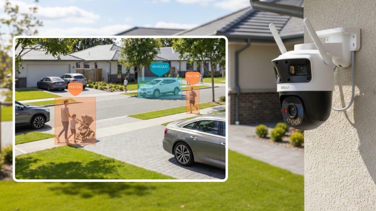 Cámara de seguridad exterior IMOU con recuadro de analítica de inteligencia artificial detectando un peatón y un vehículo en una zona residencial