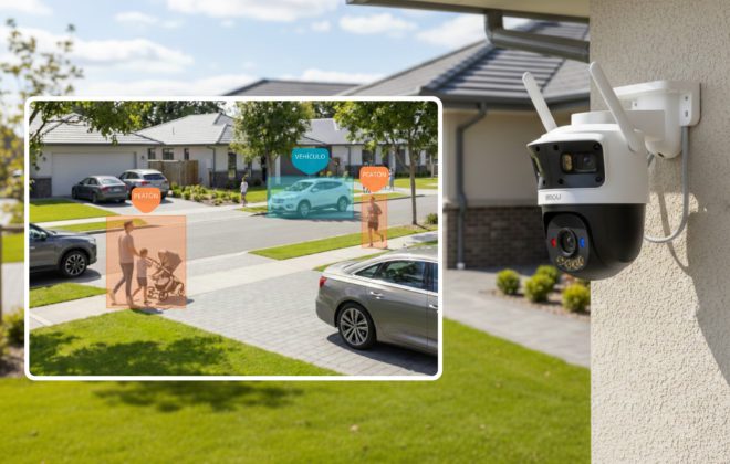 Cámara de seguridad exterior IMOU con recuadro de analítica de inteligencia artificial detectando un peatón y un vehículo en una zona residencial