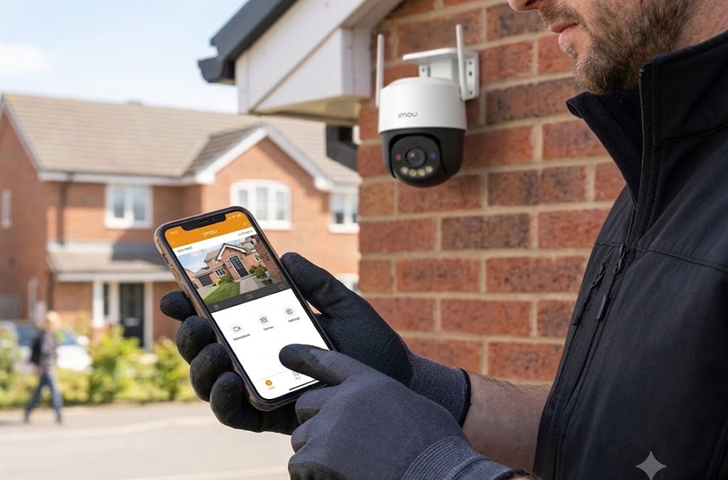 nstalador con guantes usando una aplicación móvil para ver cámaras de seguridad en vivo desde el celular frente a una cámara exterior instalada