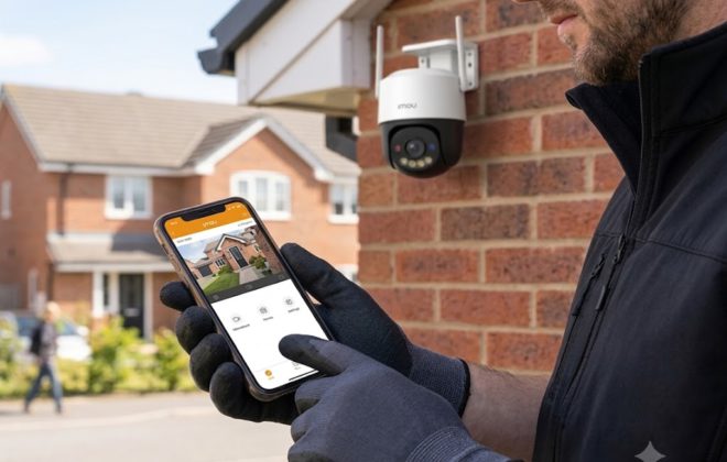 nstalador con guantes usando una aplicación móvil para ver cámaras de seguridad en vivo desde el celular frente a una cámara exterior instalada