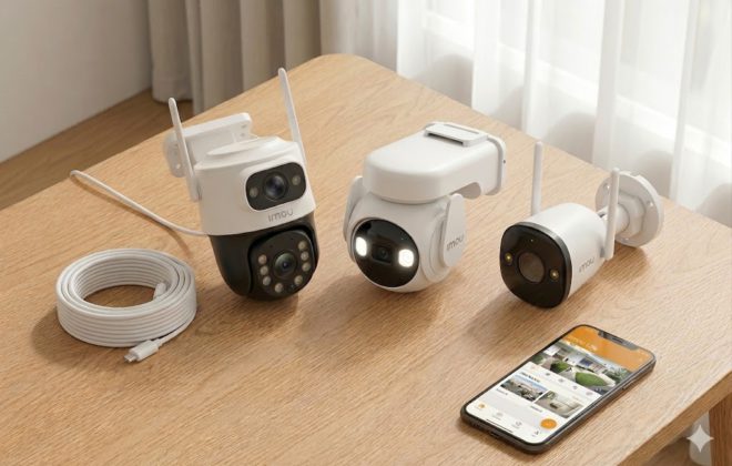 Modelos de cámaras de IMOU tipo Cruiser Dual y Bullet de exterior junto a un celular con la aplicación de monitoreo sobre una mesa