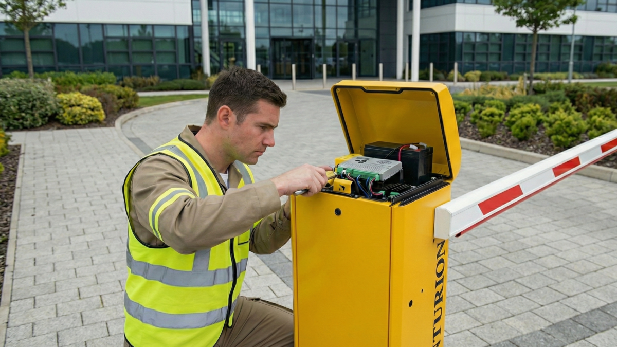 Instalador con chaleco reflectante realizando mantenimiento técnico en la placa electrónica de una barrera vehicular Centurion