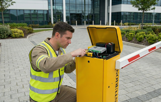 Instalador con chaleco reflectante realizando mantenimiento técnico en la placa electrónica de una barrera vehicular Centurion