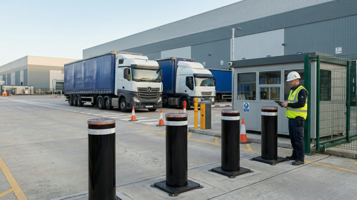 Línea de bolardos retráctiles automáticos instalados en el acceso de control vehicular de un centro logístico e industrial