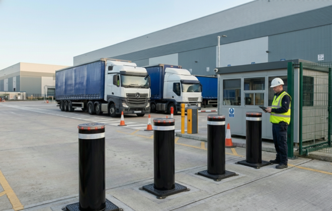 Línea de bolardos retráctiles automáticos instalados en el acceso de control vehicular de un centro logístico e industrial