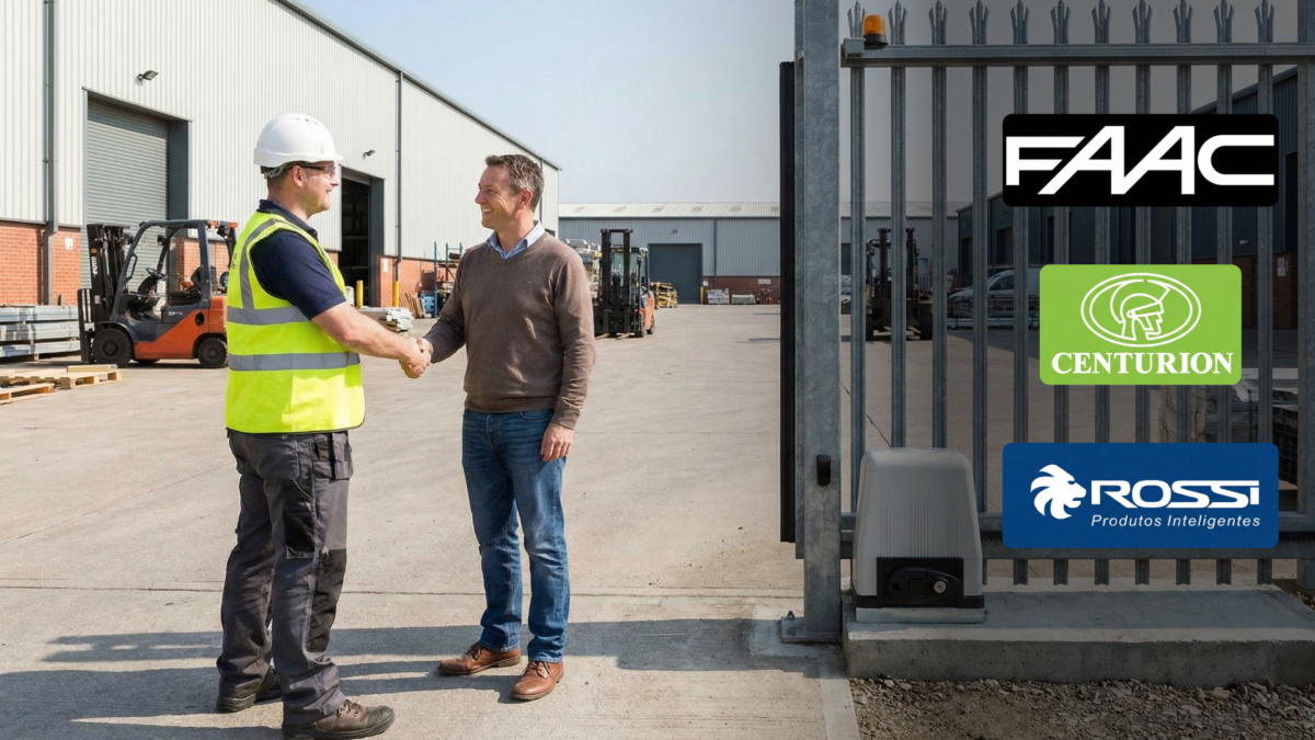 Instalador y cliente estrechando la mano junto a un portón automático industrial con soporte de marcas FAAC, Centurion y Rossi
