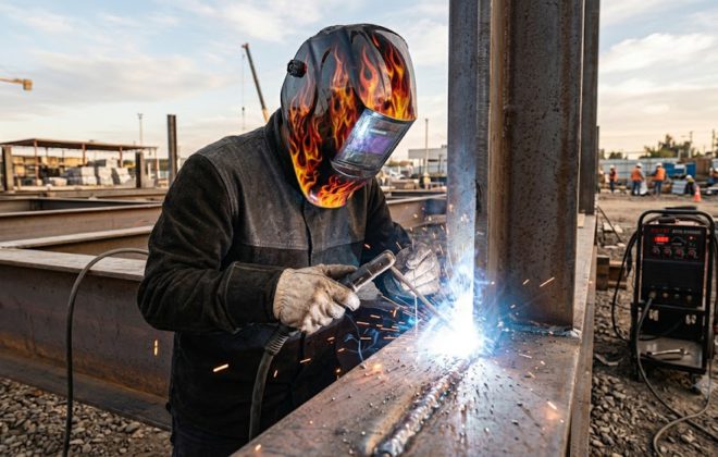 Soldador con máscara fotosensible de fuego aplicando soldadura con electrodo revestido en estructuras metálicas al aire libre