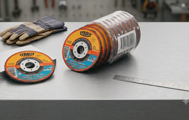 Discos de corte Tyrolit Basic Eco de 4 y media pulgadas para acero sobre un mesón metálico de taller con guantes de seguridad