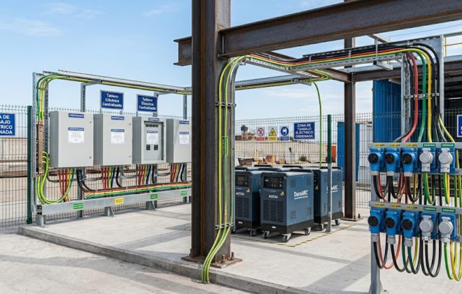 Tableros de distribución eléctrica centralizados y enchufes industriales trifásicos en una zona de trabajo ordenada con máquinas de soldar