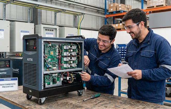 Dos técnicos de Prodalam realizando el mantenimiento preventivo y revisión de las tarjetas electrónicas interiores de una máquina de soldar AOTAI