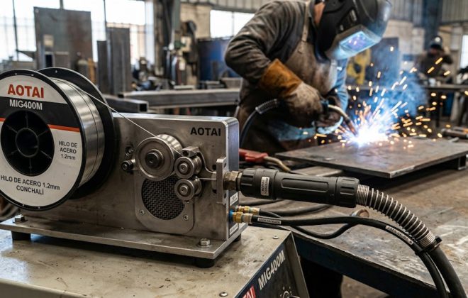 Alimentador de alambre de soldadora industrial AOTAI MIG400M con bobina de hilo de acero sólido de 1.2 mm en primer plano de un taller