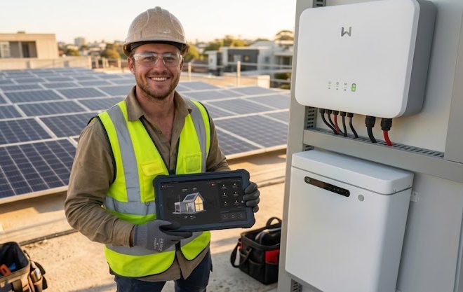 Instalador solar certificado con tablet junto a un inversor GoodWe y batería Lynx Home en un techo con paneles fotovoltaicos