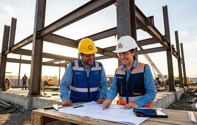 Ingeniera y constructor revisando planos en terreno frente a una estructura pesada de perfiles de acero y vigas IPE