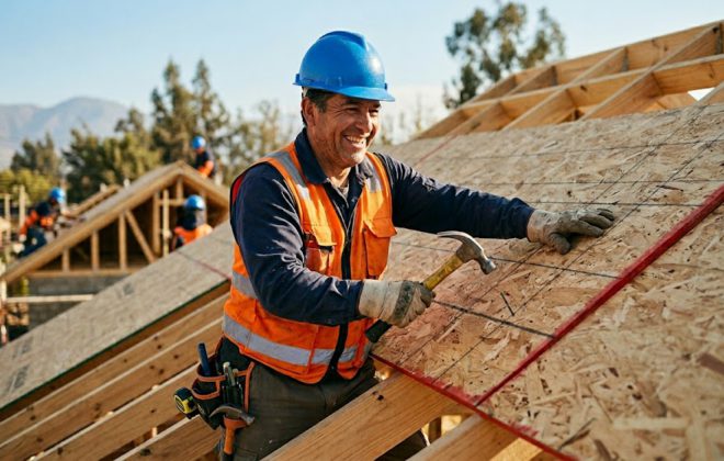 Carpintero instalando una plancha de OSB sobre la estructura de madera de una techumbre en obra habitacional