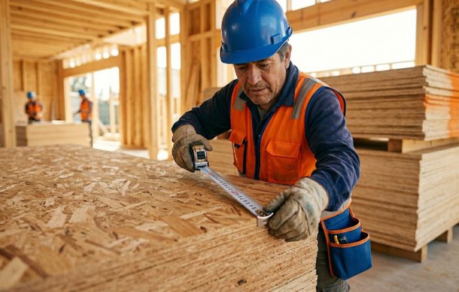 Maestro de construcción midiendo con huincha un paquete de planchas de OSB para calcular el espesor en obra habitacional