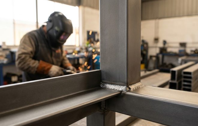Unión soldada entre un perfil cuadrado de acero y un ángulo metálico de refuerzo en primer plano dentro de un taller de herrería