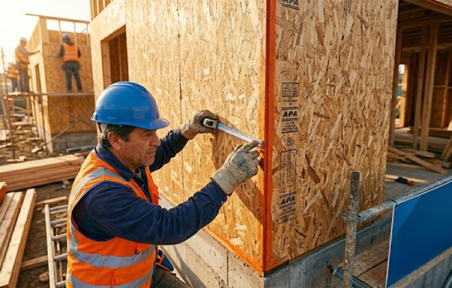 Carpintero midiendo en obra la esquina de un muro revestido con tableros de OSB certificados por norma APA