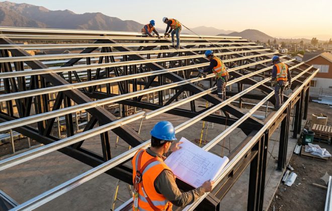 Montaje de perfiles galvanizados y costaneras sobre vigas de acero estructural en la techumbre de una obra con supervisor revisando planos