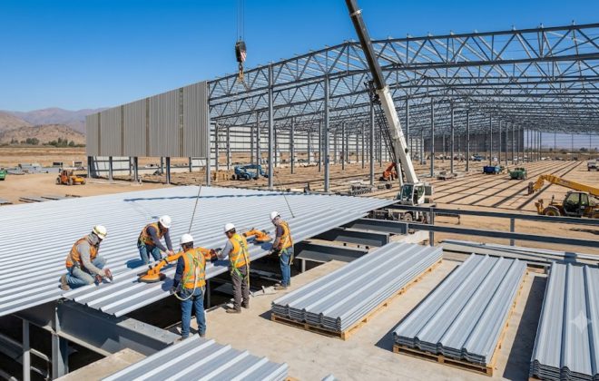 Montaje de plancha PV4 trapezoidal con ventosas de izaje en la cubierta de un galpón industrial en construcción