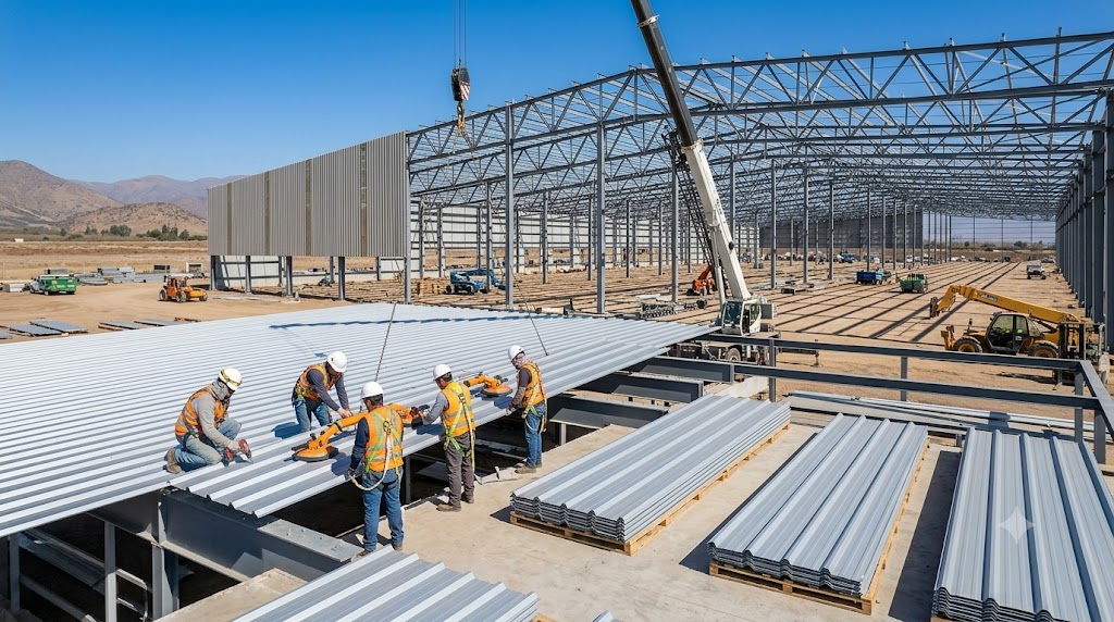 Montaje de plancha PV4 trapezoidal con ventosas de izaje en la cubierta de un galpón industrial en construcción