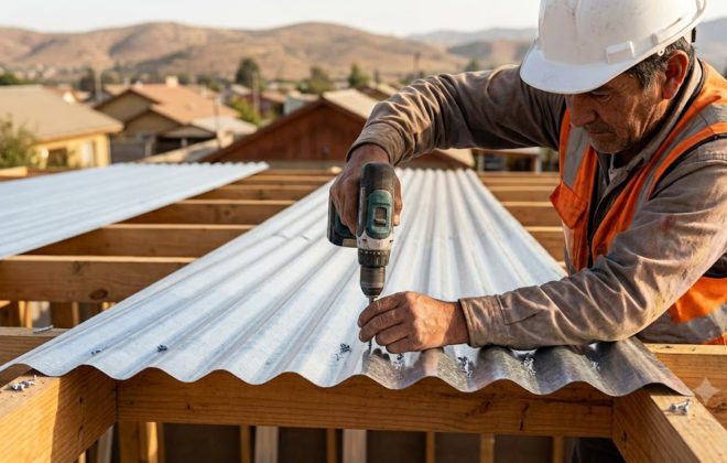 Carpintero fijando con atornillador una plancha acanalada de zinc sobre la estructura de madera de una techumbre