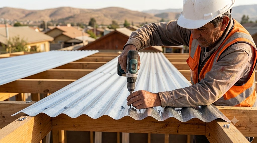 Carpintero fijando con atornillador una plancha acanalada de zinc sobre la estructura de madera de una techumbre