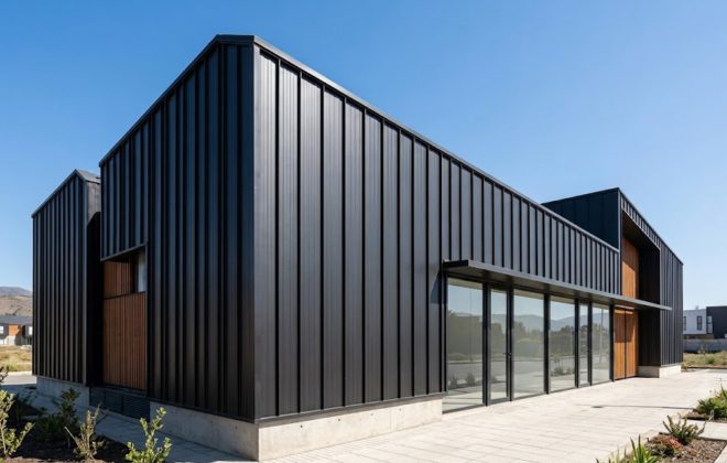 Fachada y cubierta de vivienda moderna revestida con planchas de zinc negra prepintada y perfilado vertical