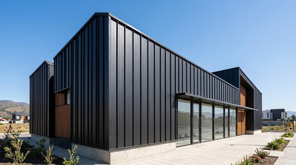 Fachada y cubierta de vivienda moderna revestida con planchas de zinc negra prepintada y perfilado vertical